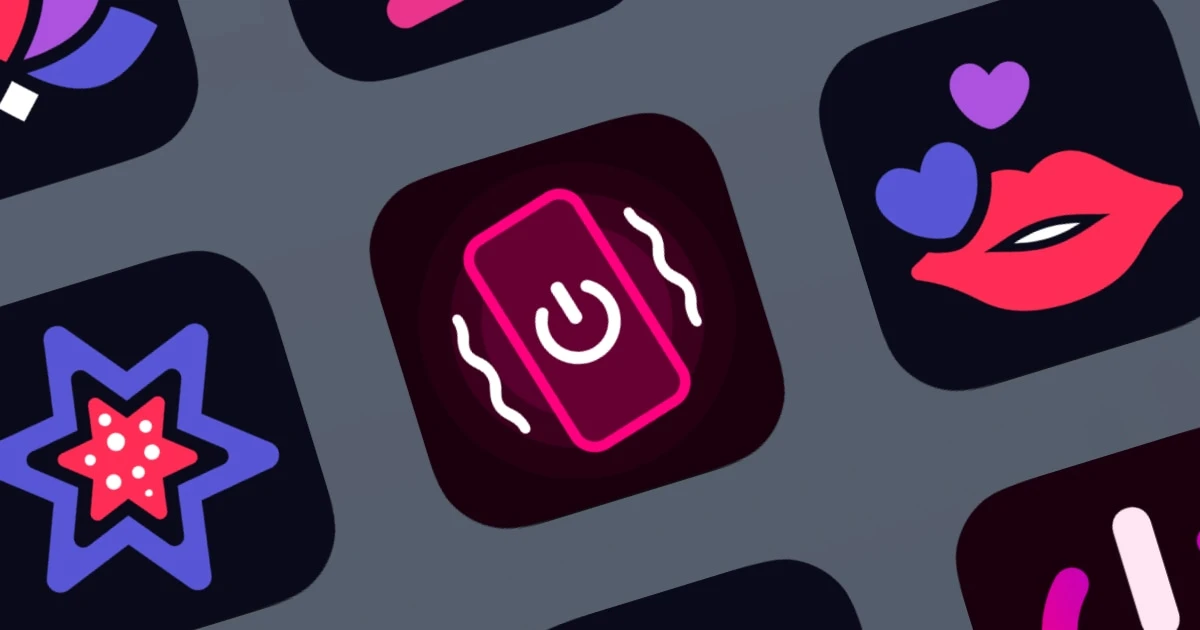 Grid of colorful iPhone app icons, with a glowing pink phone-vibration icon at the center.