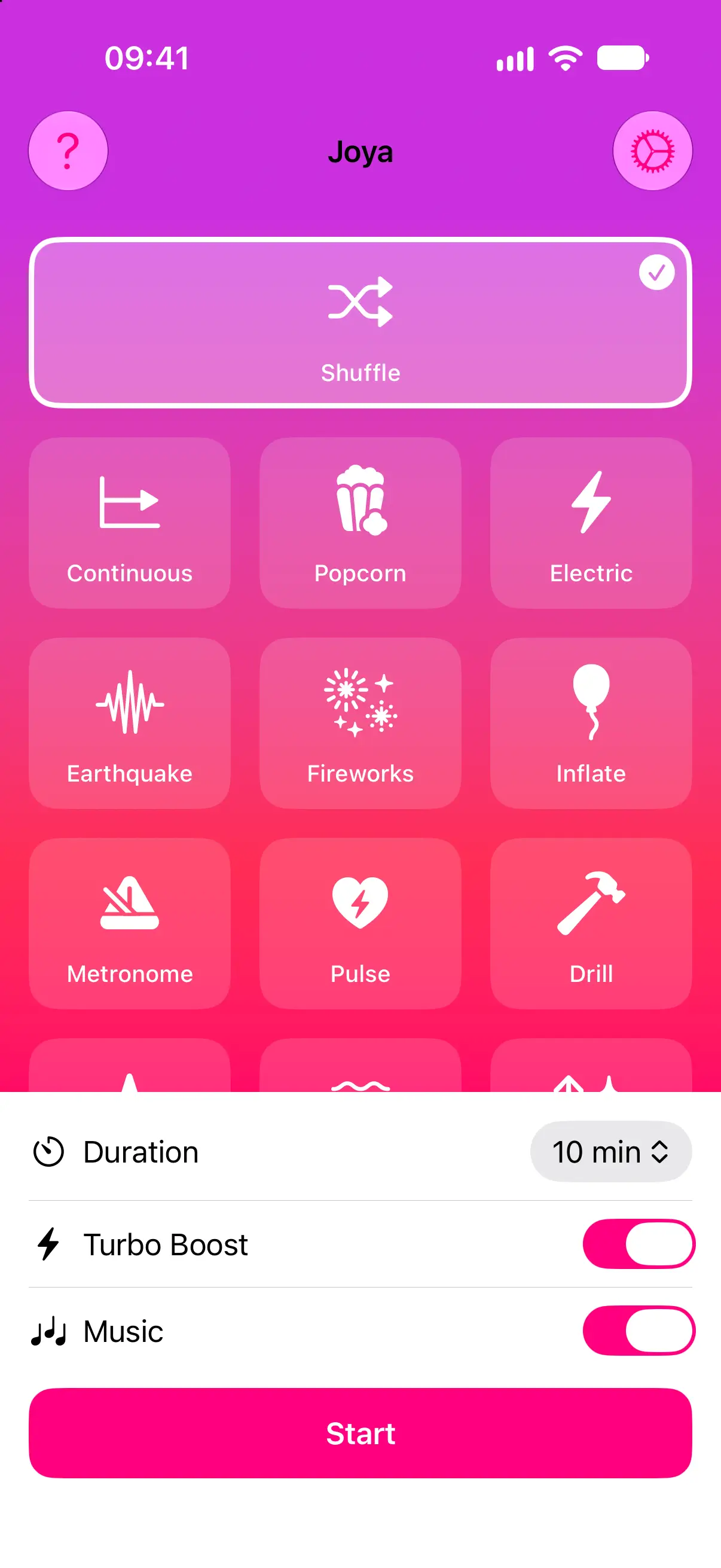Vibrate Phone app open on iPhone, displaying vibration massager controls