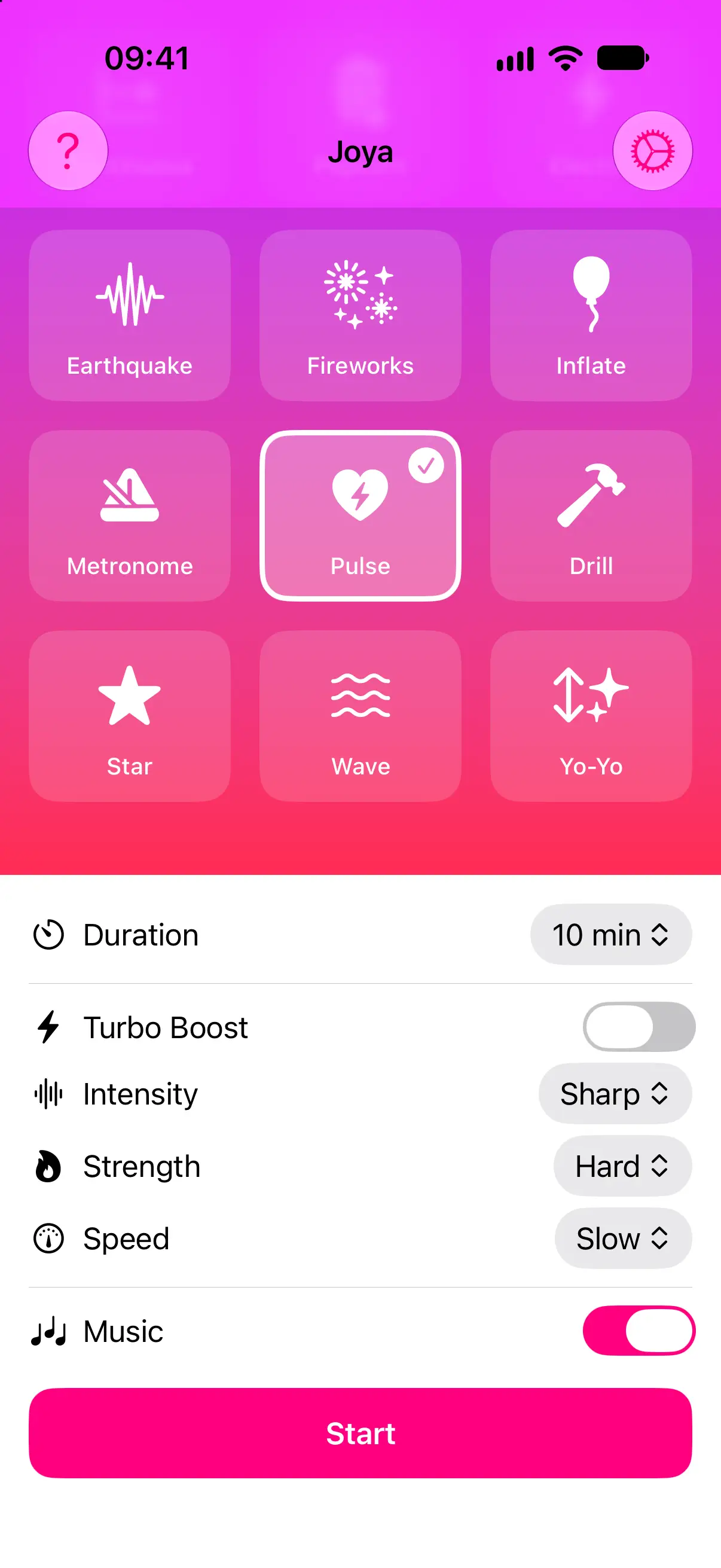 Vibrate Phone interface showing custom vibration intensity and pleasure modes