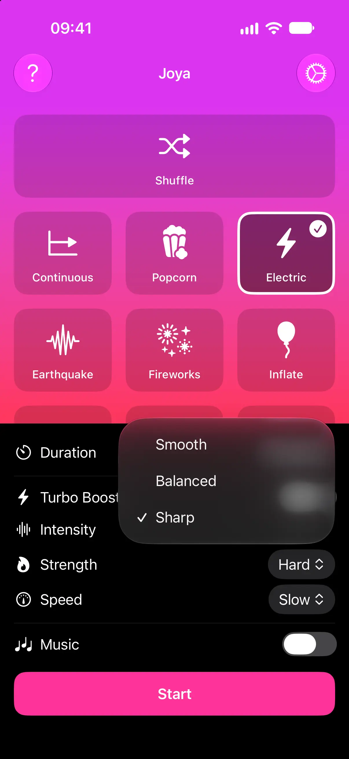 Vibrate Phone screen featuring various pleasure vibration patterns