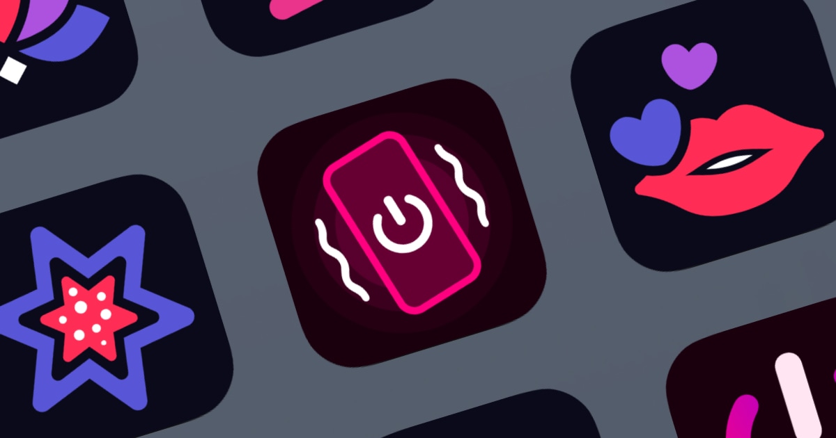 Grid of colorful iPhone app icons, with a glowing pink phone-vibration icon at the center.